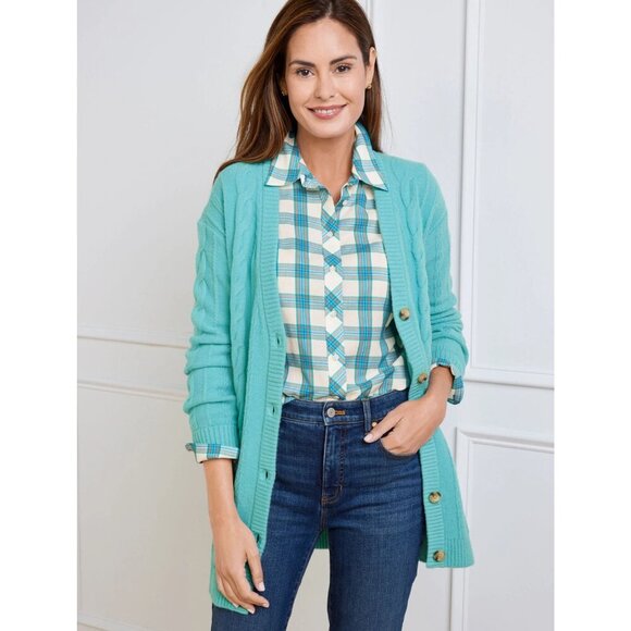 New! Talbots Green Cable Knit V-Neck Button Font Cardigan Sweater 35851 - Picture 1 of 13